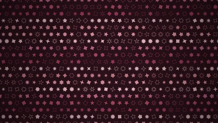 A seamless abstract background pattern featuring an array of geometric shapes including stars, polygons, and squares in varying shades of pink, purple, and white. The shapes are scattered across a deep burgundy or dark maroon backdrop, creating a decorative and festive digital texture.の写真素材