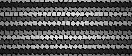A seamless abstract pattern composed of numerous small squares in varying shades of grey and black. The squares are slightly rotated, creating an illusion of depth and movement on a dark background. This geometric design offers a modern and minimalist aesthetic.の写真素材