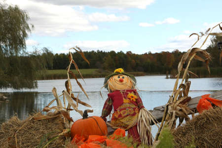 Halloween Decoration On Lake Shore On Fall Dayの写真素材