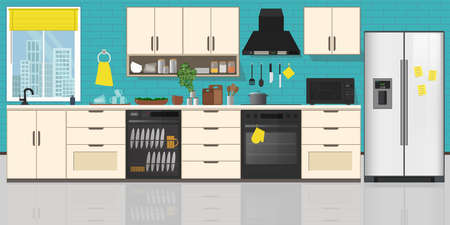 Modern kitchen Interior, with furniture. Flat style vector illustration. Cozy home interior style.のイラスト素材