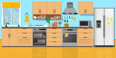 Modern kitchen Interior, with furniture. Flat style vector illustration. Cozy home interior style.のイラスト素材