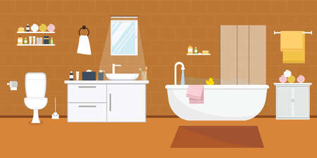 Bathroom interior with furniture in flat design style. Vector illustration.のイラスト素材