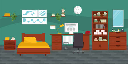 Modern teenager room interior design with workspace for homework: table, chair, lamp, computer, books and bed. Flat style vector illustration.のイラスト素材