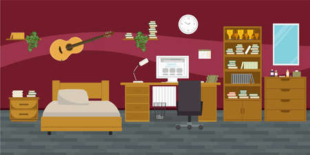 Modern teenager room interior design with workspace for homework: table, chair, lamp, computer, books and bed. Flat style vector illustration.のイラスト素材
