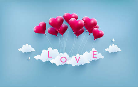 Happy Valentine illustration love balloons. The beauty of a love balloon above the cloudsのイラスト素材