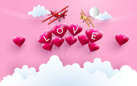 Illustration of love, happy valentine's day. There are planes across the balloonのイラスト素材