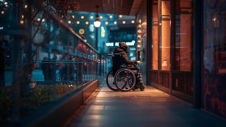 A person with a mobility impairment using a wheelchair to access a public space, promoting inclusive urban design, AI generated image, person are fictionalの素材