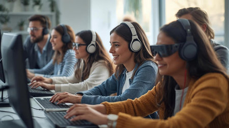 A diverse group of people using assistive technology to access online content, promoting digital accessibility, AI generated image, person are fictionalの素材