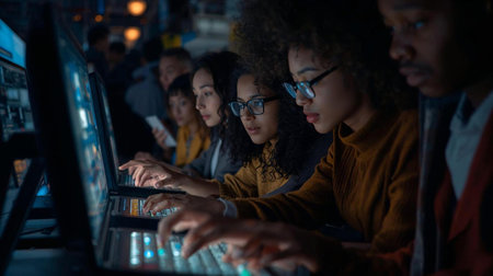 A diverse group of people using adjustable font sizes and color contrast settings to customize their reading experience, person are fictional, AI generated imageの素材