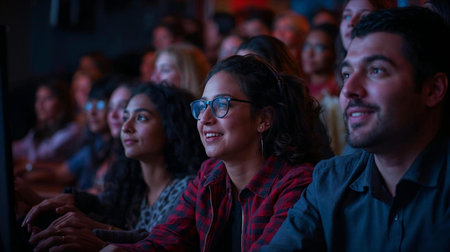 A diverse group of people using captions to watch a video, highlighting the importance of accessible video content, AI generated image, person are fictionalの素材