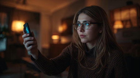 A person with a visual impairment using a voice assistant to control their smart home, promoting accessible smart home technology, person are fictionalの素材