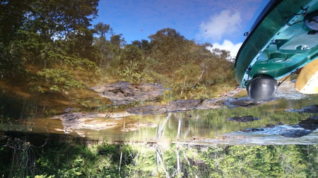 Canoeing on the river in the forest with reflection in waterの写真素材