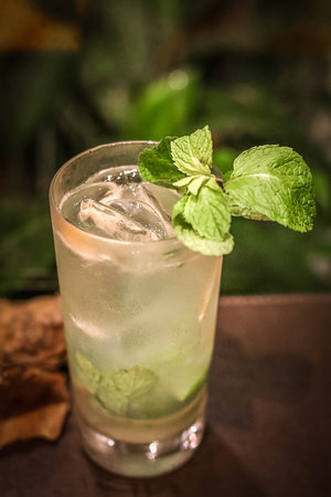 Mojito cocktail with mint leaves and ice on wooden table.の写真素材