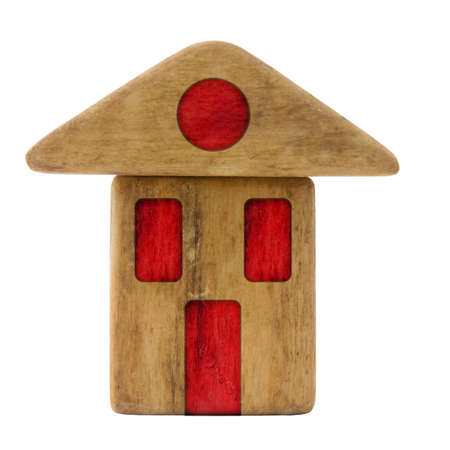 Home sweet home - Small wooden house with red windowsの写真素材