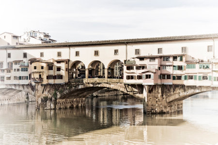 View of the Old Bridge (Ponte Vecchio) in Florence (Tuscany); one of the most famous italian bridgesのeditorial素材