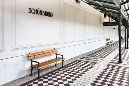 Bench in a subway station platform of Schonbrunn - Wien - Austriaのeditorial素材