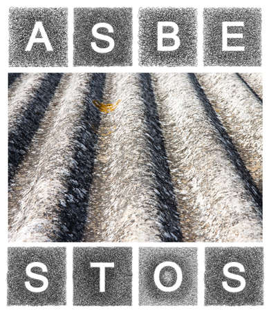 Dangerous asbestos roof. The word asbestos written with letters Whose graphic Resembles the shape of the asbestos particles.の写真素材