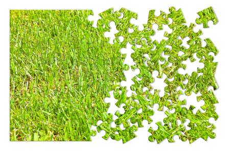 Beautiful green mowed lawn in puzzle shape on white backgroundの写真素材