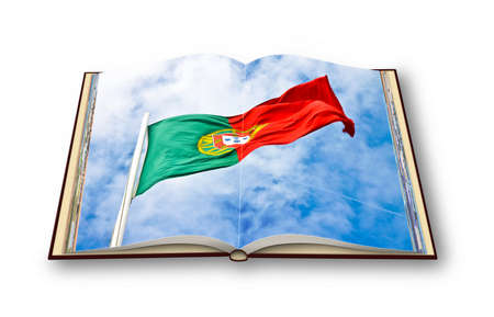 Portugal flag view from below waving against a blue sky - Opened photobook isolated on white...