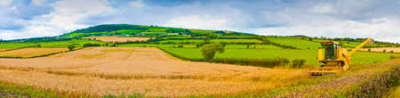 Paniramic Irish landscape with wheat field in the foreground and combine harvester (Ireland)の写真素材