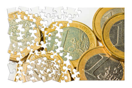 Italian euro coins group on white background - concept image in jigsaw puzzle shapeの写真素材