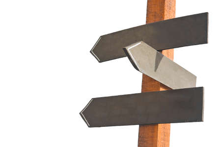 Blank wooden arrow signpost agaist a white background - concept image with copyspaceの写真素材