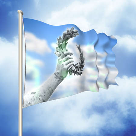 Laurel wreath hand held by a bronze statue - 3D render flag concept