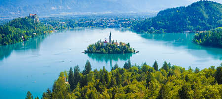 Bled lake, the most famous lake in Slovenia with the island of the church (Europe - Slovenia) -...