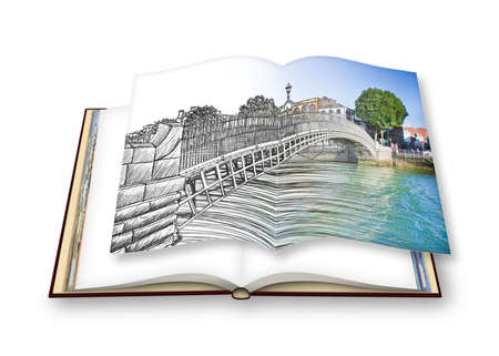 The most famous bridge in Dublin called "Half penny bridge" - freehand sketch concept image - 3D render of an opened photo book - I'm the copyright owner of the images used in this 3D render.の写真素材