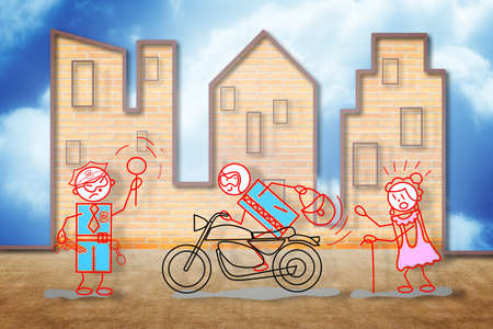 Thief steals bag to an old woman and flees on a motorcycle; the police stops him - cartoon concept illustrationの写真素材