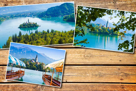 Bled lake, the most famous lake in Slovenia with the island of the church (Europe - Slovenia) - Postards concept on colored wooden backgroundの写真素材