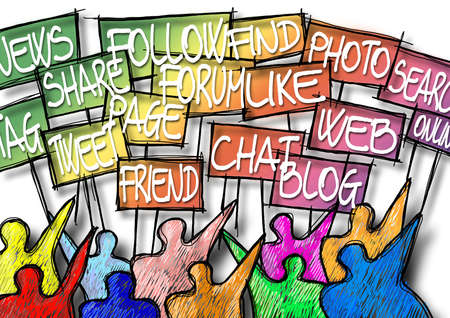 A group of people show many placards with social media words - concept imageの写真素材