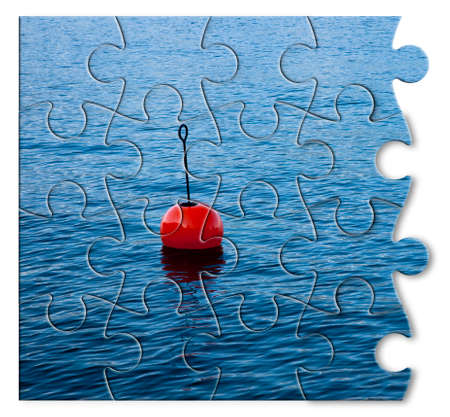Build your security step by step - Concept image, with red bouy on a calm lake, in jigsaw puzzle...