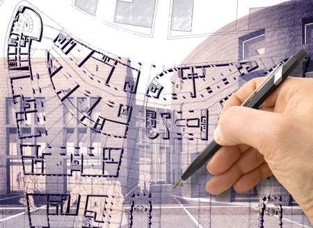Design a new city - Hand drawing with a pencil a sketch of a new modern town an interiors - concept...
