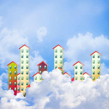 Housing development concept image with buildings behind a cloudy sky.の写真素材