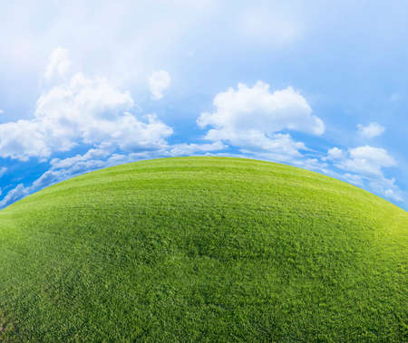 Panoramic view of a fresh green mowed lawn against a cloudy sky - concept image.