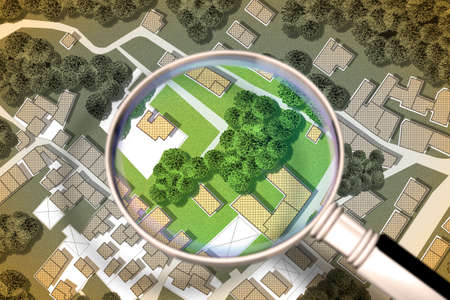 Imaginary city map with residential buildings, roads, gardens green areas and trees - green city...