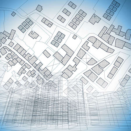 Imaginary cadastral map of territory with buildings, roads and urban skyline - concept illustration