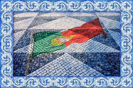 Typical portuguese floor made of small pieces of black and white stone with flag and blue azulejos - portuguese culture concept