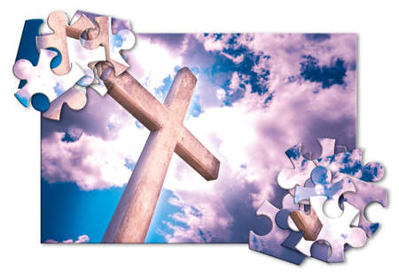 Rebuild our faith or losing faith - Christian cross against a cloudy sky - concept image in jigsaw...