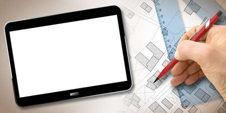 Hand drawing over an imaginary cadastral map - concept image with 3D render of a digital tablet with...
