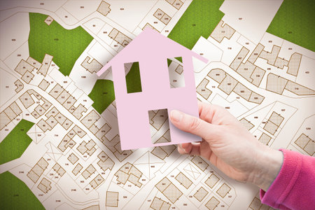 Vacant land for sale against an imaginary city map - new construction of residential building - opportunities for development and investment in the construction industry - vacant lot concept with hand holding a small house.の写真素材