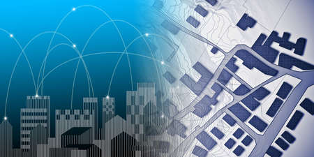 Line connection of a modern smart connected city - concept illustration with city map and cityscape.