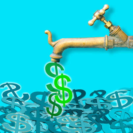 Close the faucet: don't waste your money - waste management concept image with brass faucet from which dollars come out.の写真素材