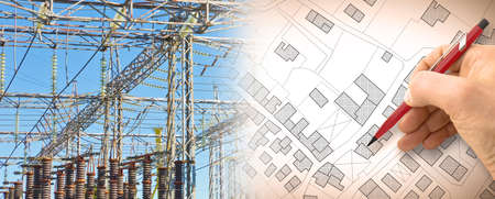 Electricity distribution in cities - concept image with city map and power plant - Note: the map...