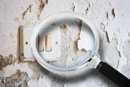 Old unhealthy interior plaster wall damaged by rising damp or from water leaks - concept image seen through a magnifying glass.の写真素材