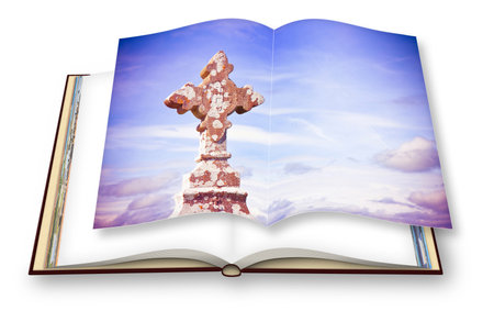 Celtic carved stone cross - concept image with 3D render of an opened photobook isolated on white background - I'm the copyright owner of the images used in this 3D render.の写真素材