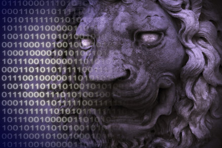 Protect your data. Concept image with medieval lion head and binary code.