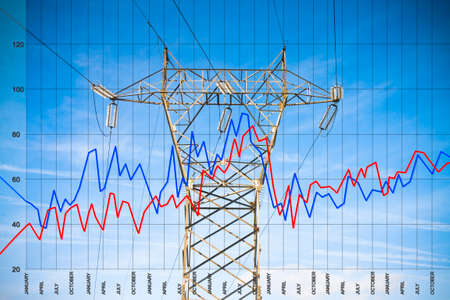 Graph about energy production - concept image with power tower and transmission lines on sky...
