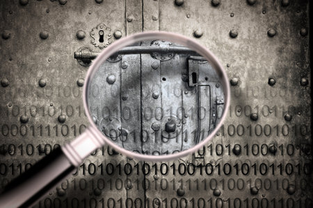Discovering the secret code - Concept image, seen through a magnifying glass, of a secret code file agaist a strong and old rusty metal doorの写真素材